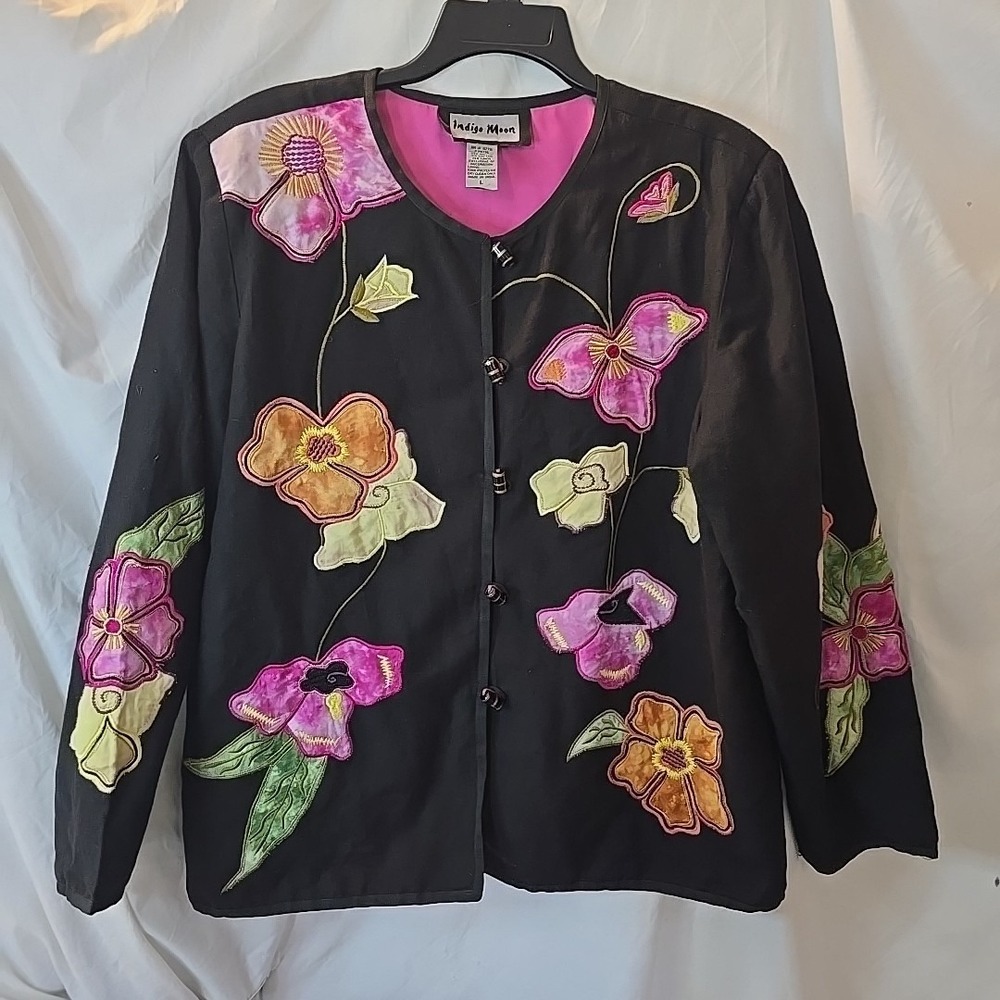 Indigo Moon Button-Up Floral Embroidered Blazer Jacket Sz L‎ Boho Cottagecore